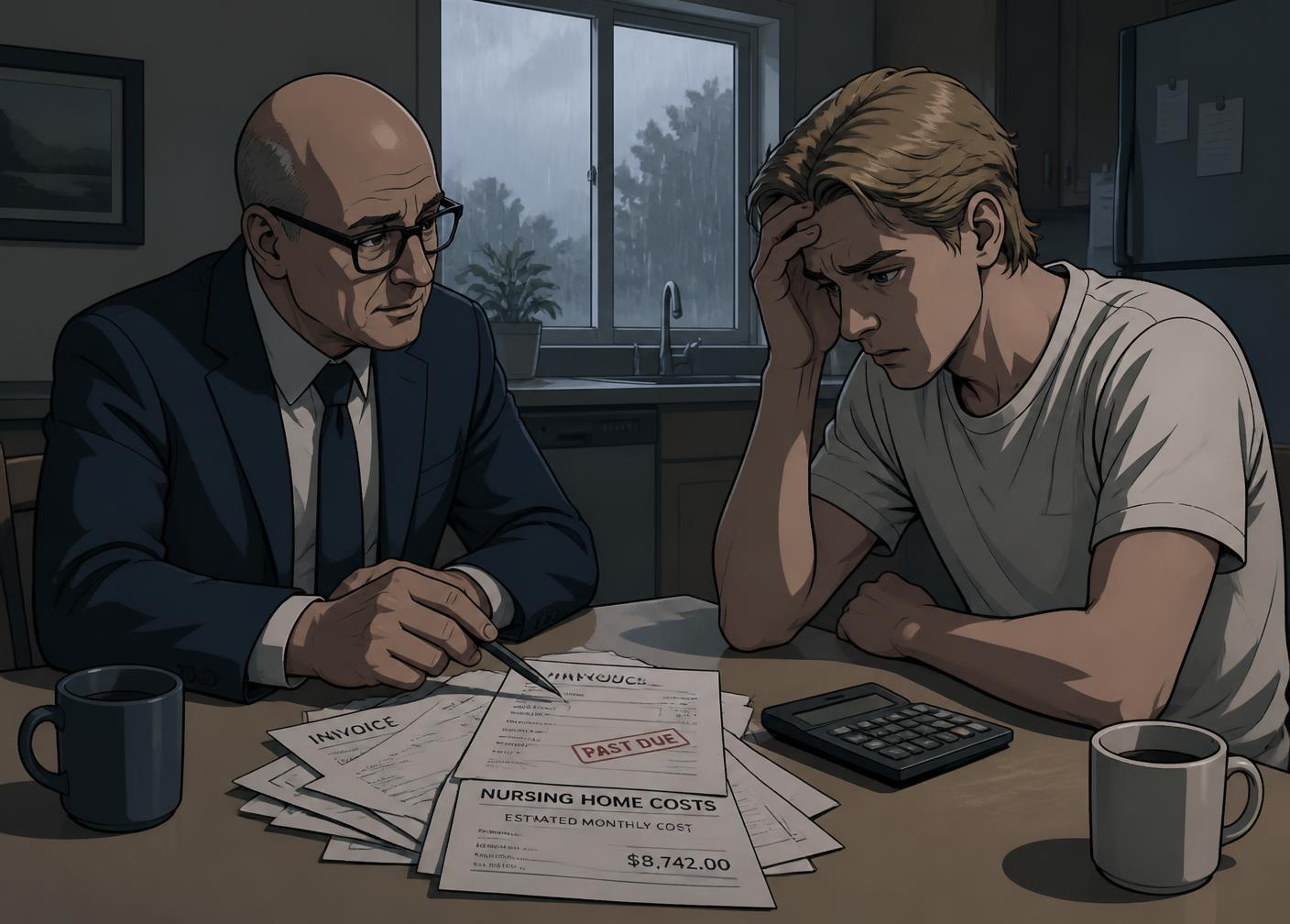 Berater im blauen Anzug bespricht mit einem jungen Angehörigen die Heimkostenrechnung – Cel-Shading-Illustration