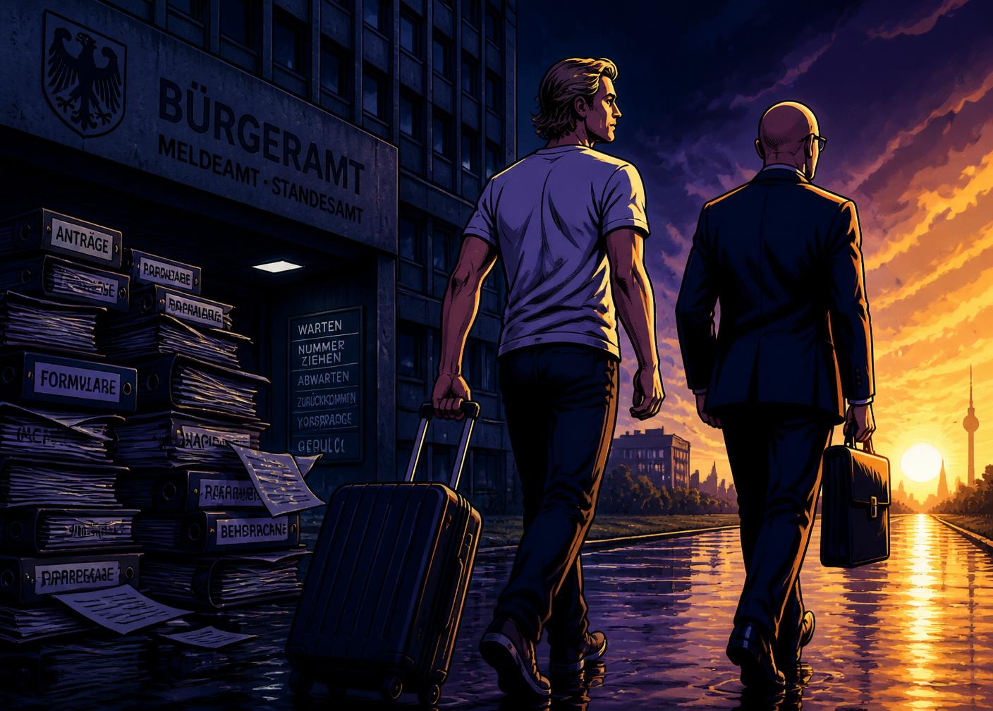 Zwei Männer verlassen mit Gepäck ein graues Behördenviertel Richtung Sonnenaufgang, Cel-Shading-Stil