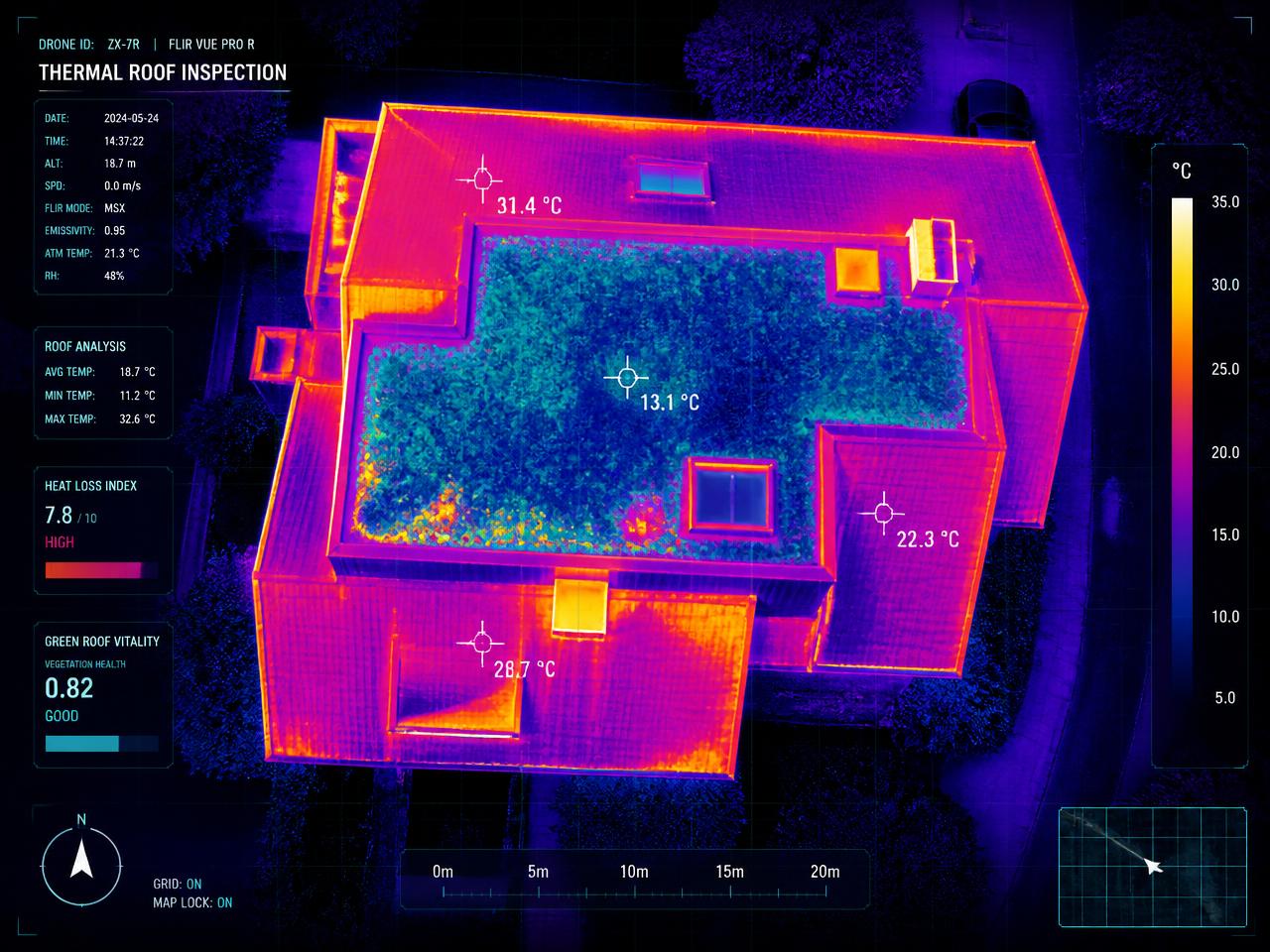 Thermografische Drohnenaufnahme desselben Dachs: Wärmeverluste und Vitalität der Dachbegrünung