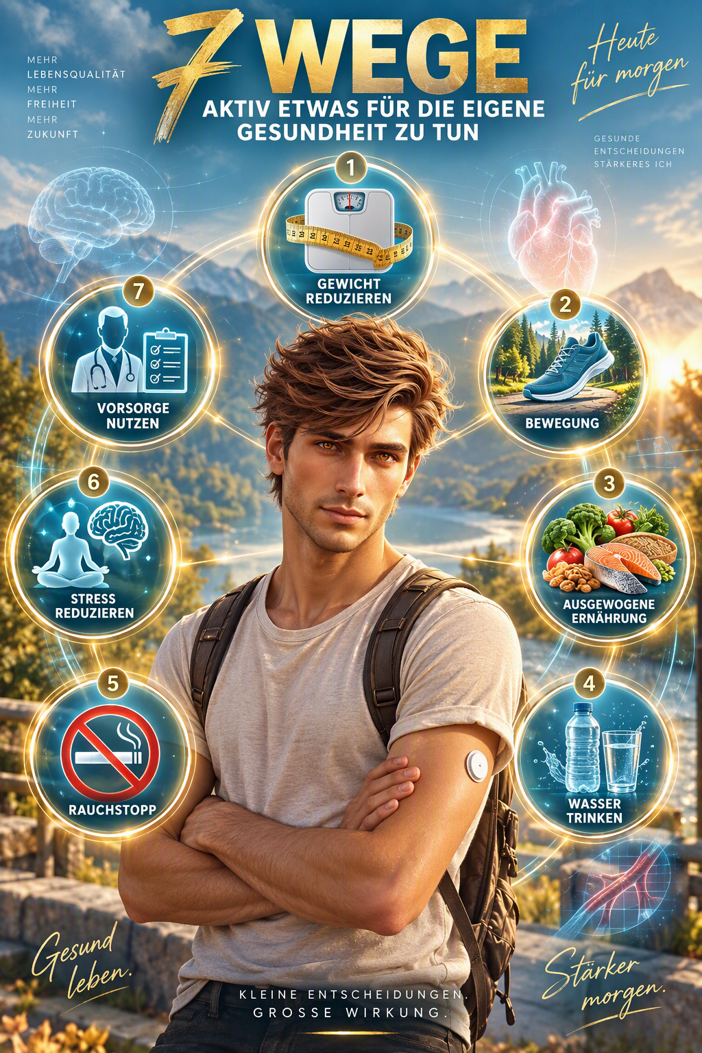 7 Wege, aktiv etwas für die eigene Gesundheit zu tun: Gewicht reduzieren, Bewegung, ausgewogene Ernährung, Wasser trinken, Rauchstopp, Stress reduzieren, Vorsorge nutzen
