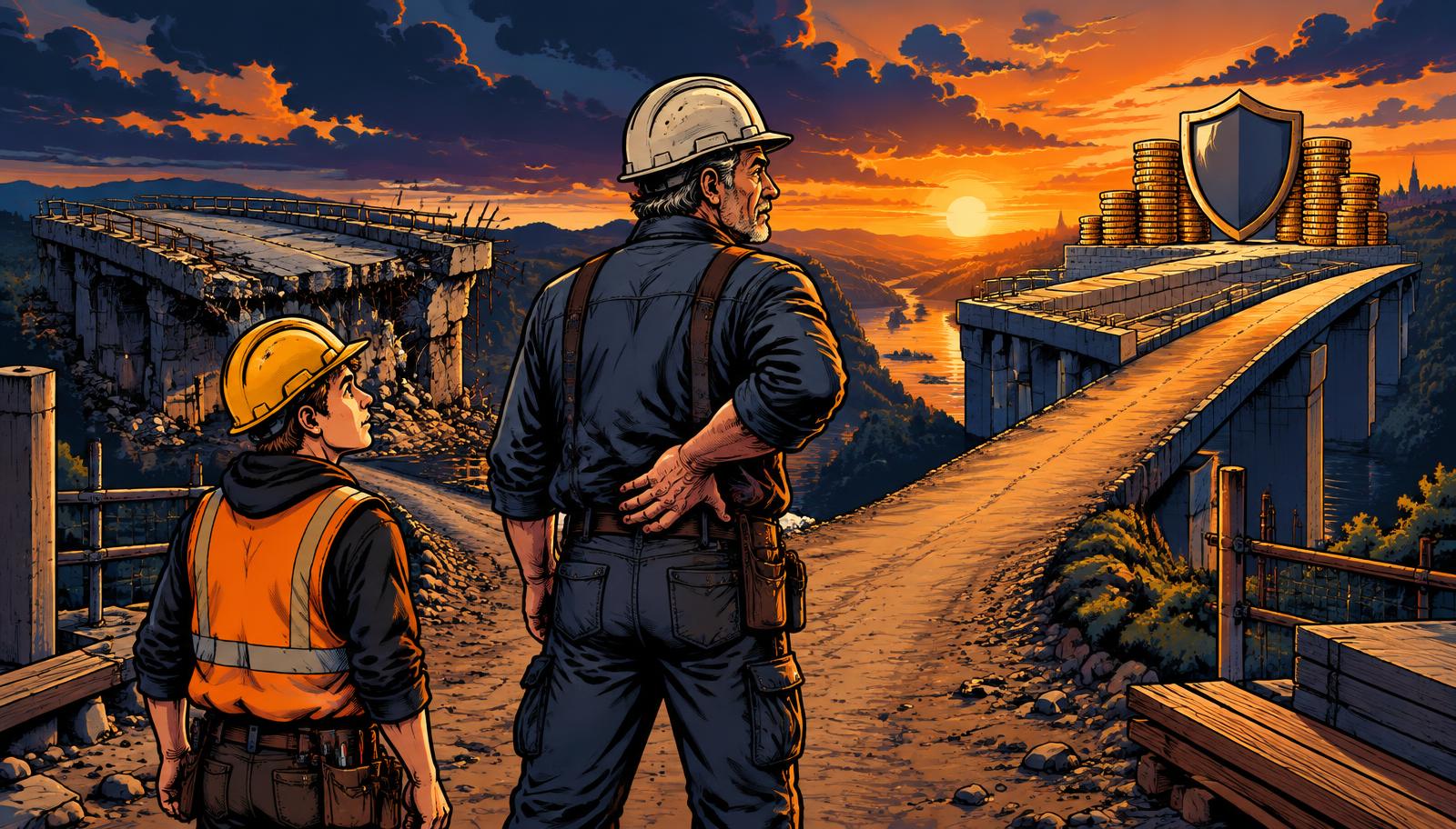 Erfahrener Dachdecker und Auszubildender vor einer bröckelnden und einer stabilen Brücke