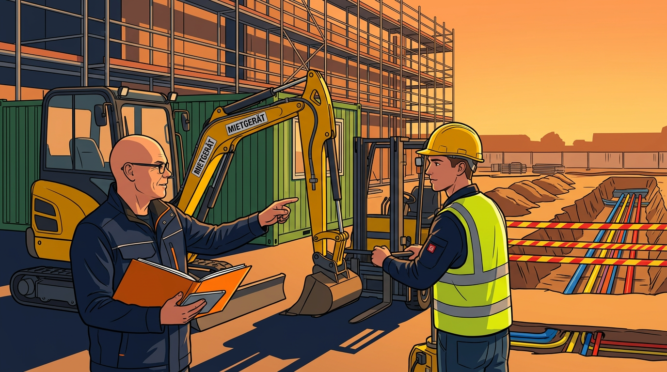 Meister Michael Schmidt und Azubi Marvin auf der Baustelle vor einem gemieteten Minibagger