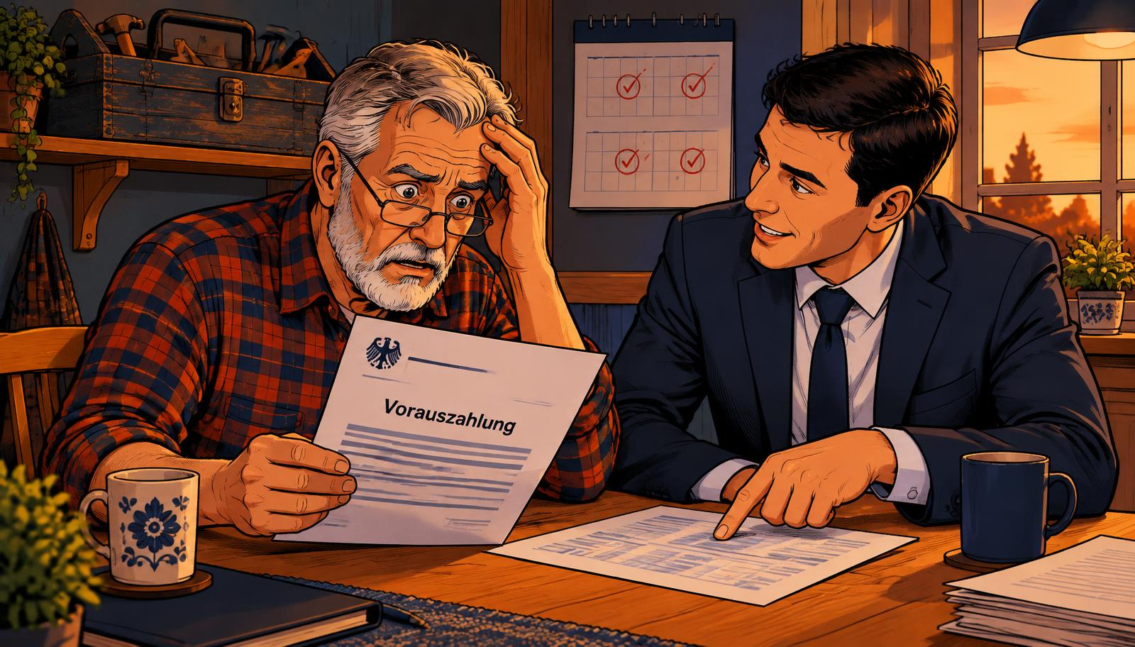 Handwerksmeister im Ruhestand liest einen Vorauszahlungsbescheid des Finanzamts