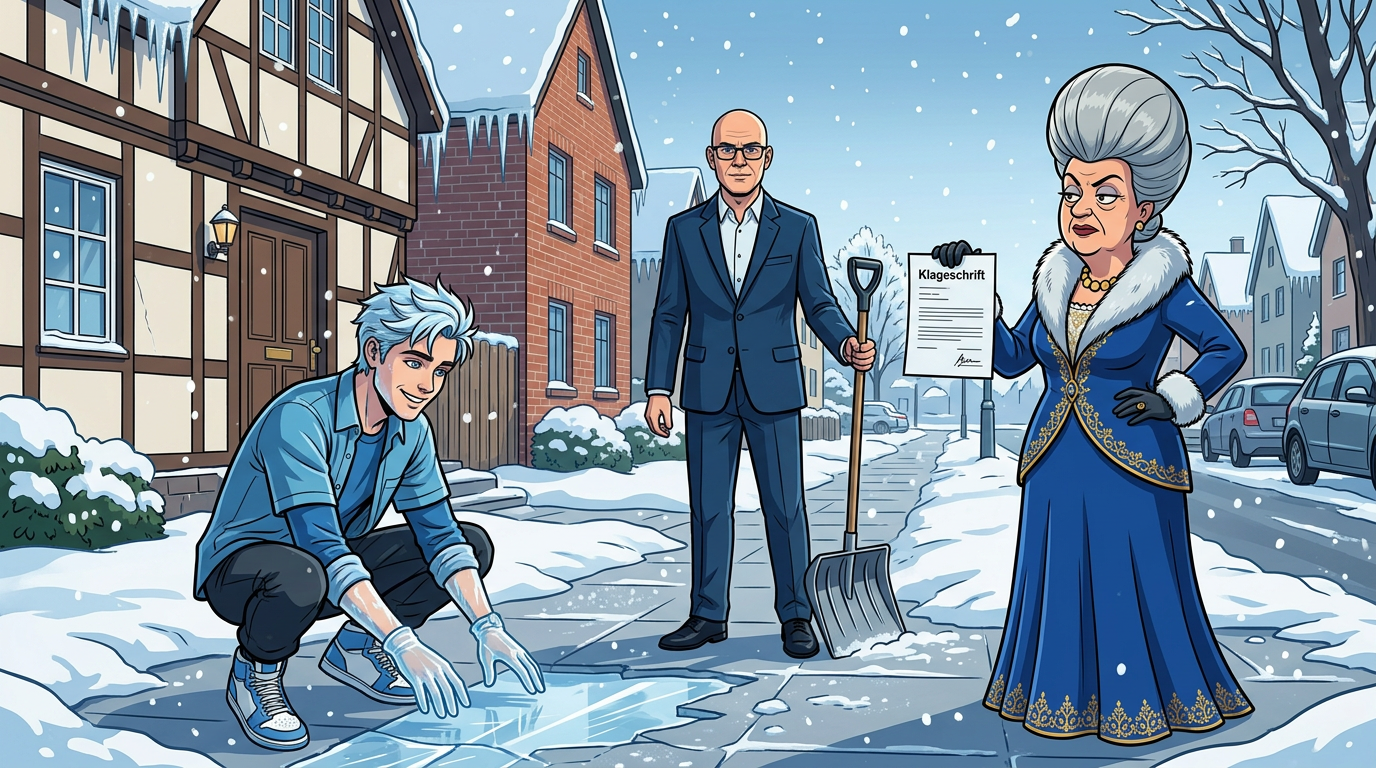 Kael, Michael Schmidt mit Schneeschaufel und die Contessa mit Klageschrift auf einem verschneiten Gehweg