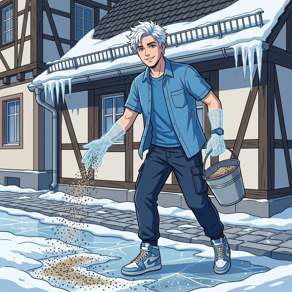 Kael streut Sand auf einen vereisten Gehweg vor einem Haus mit Schneefanggitter